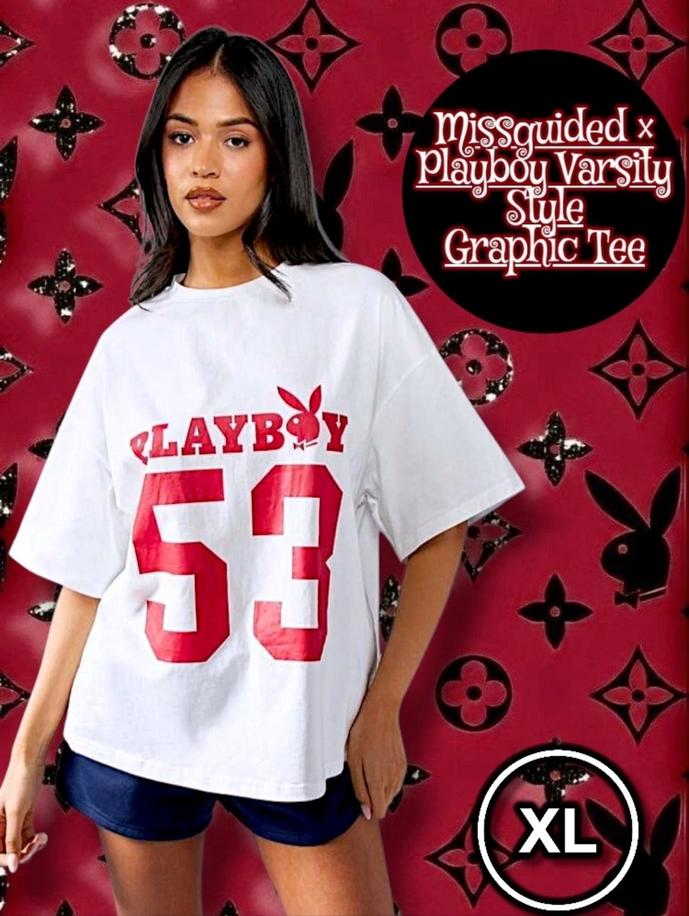 Missguided × Playboy Varsity Style Graphic Print Women's T-Shirt Size XL